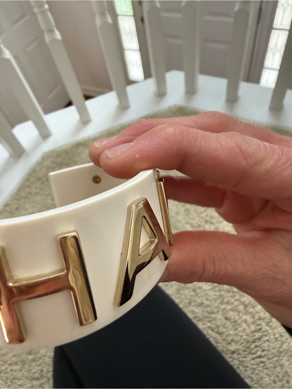 Chanel 2019C Ivory Resin Cuff Bracelet Gold Tone Chanel Letters - Picture 11 of 12